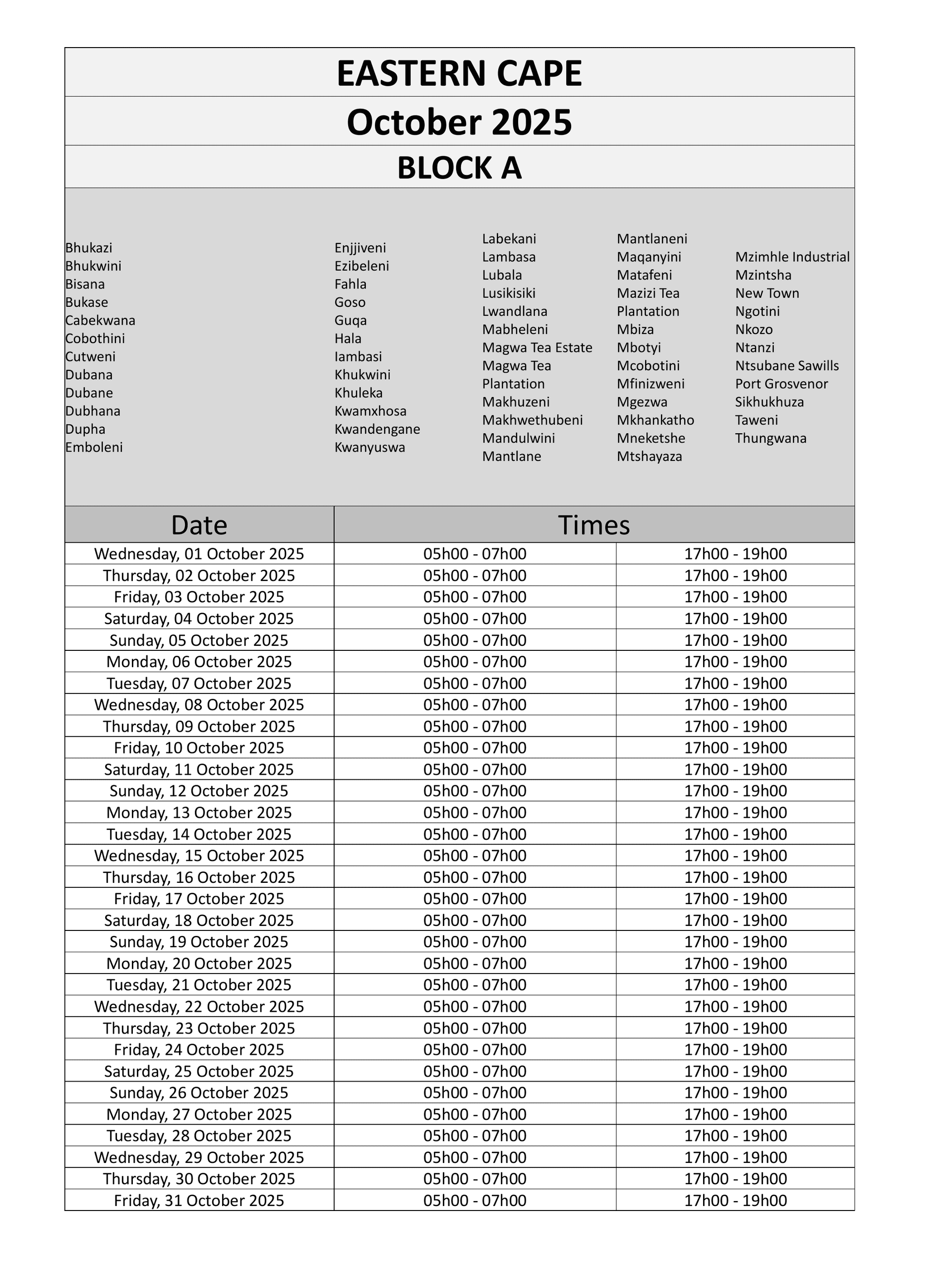 Eastern Cape Load Reduction Schedule page 1