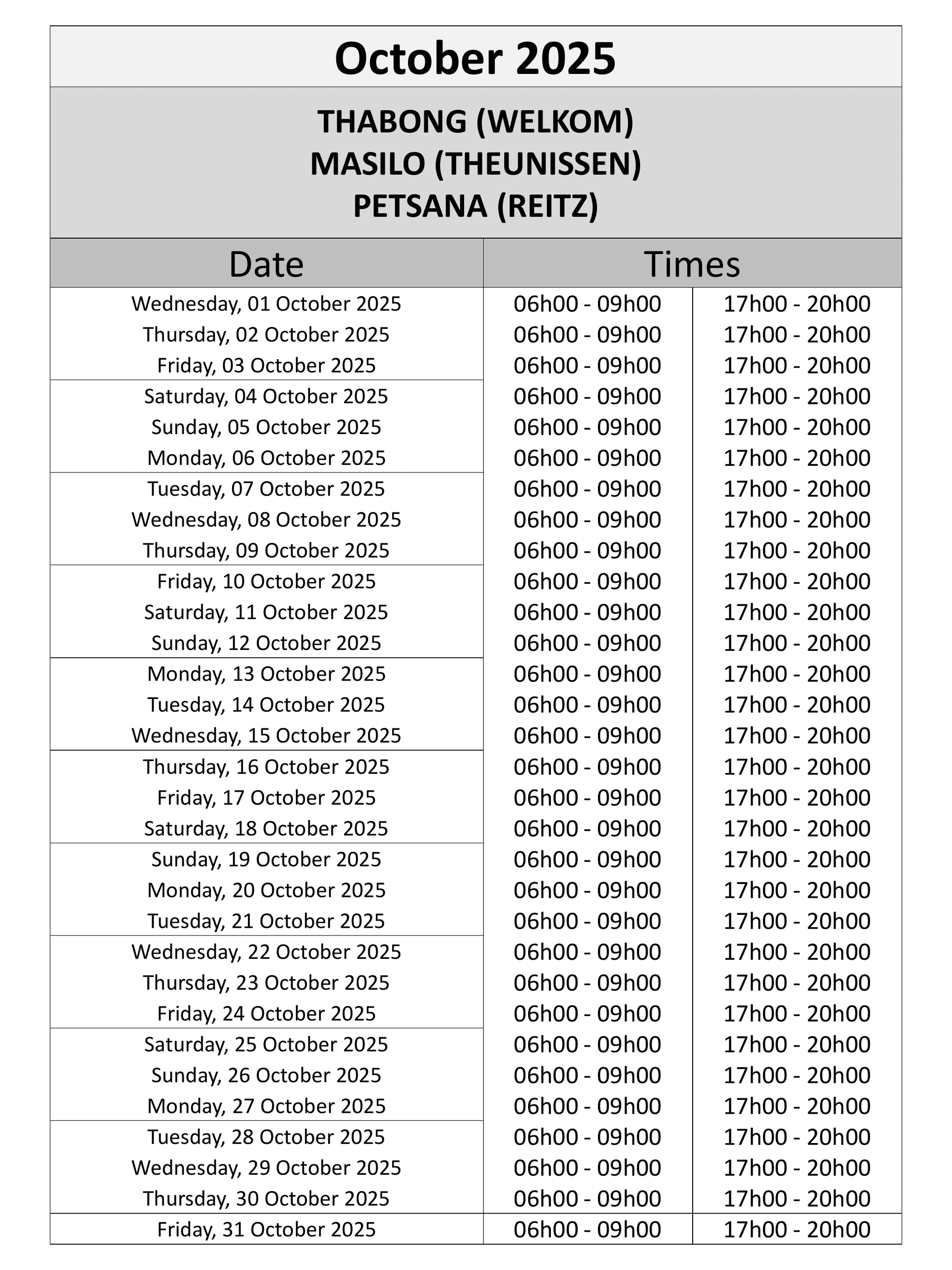 Free State Load Reduction Schedule page 1