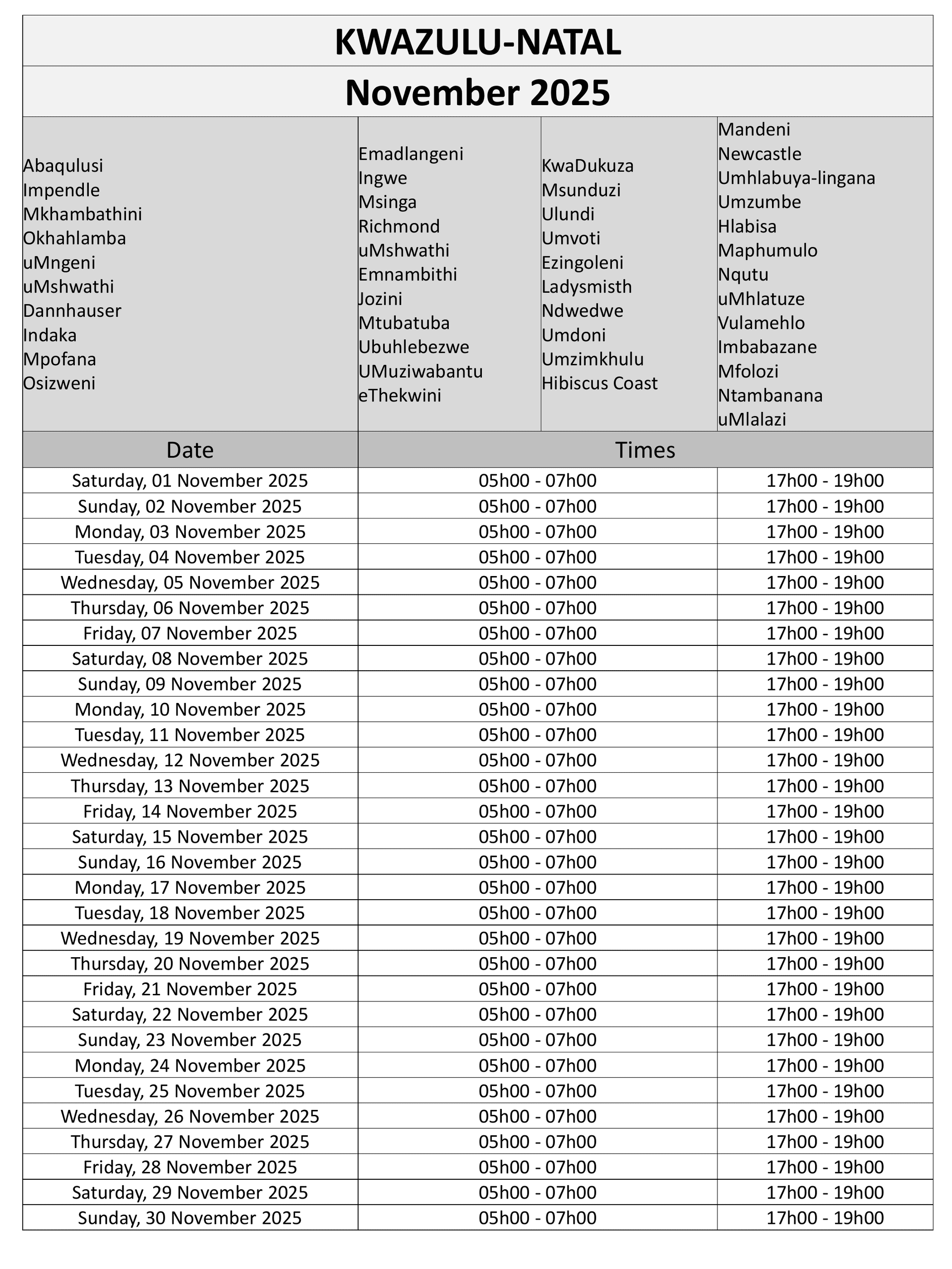 KwaZulu-Natal Load Reduction Schedule page 1