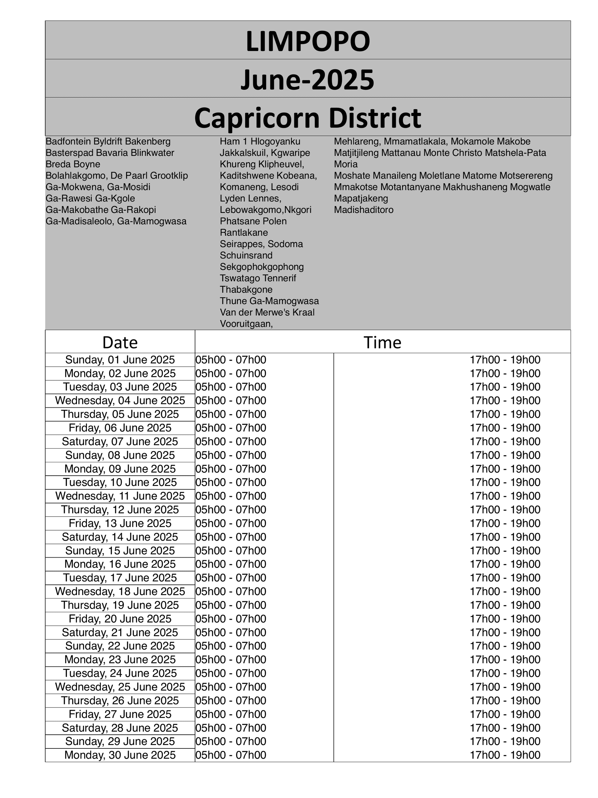 Limpopo Load Reduction Schedule page 2