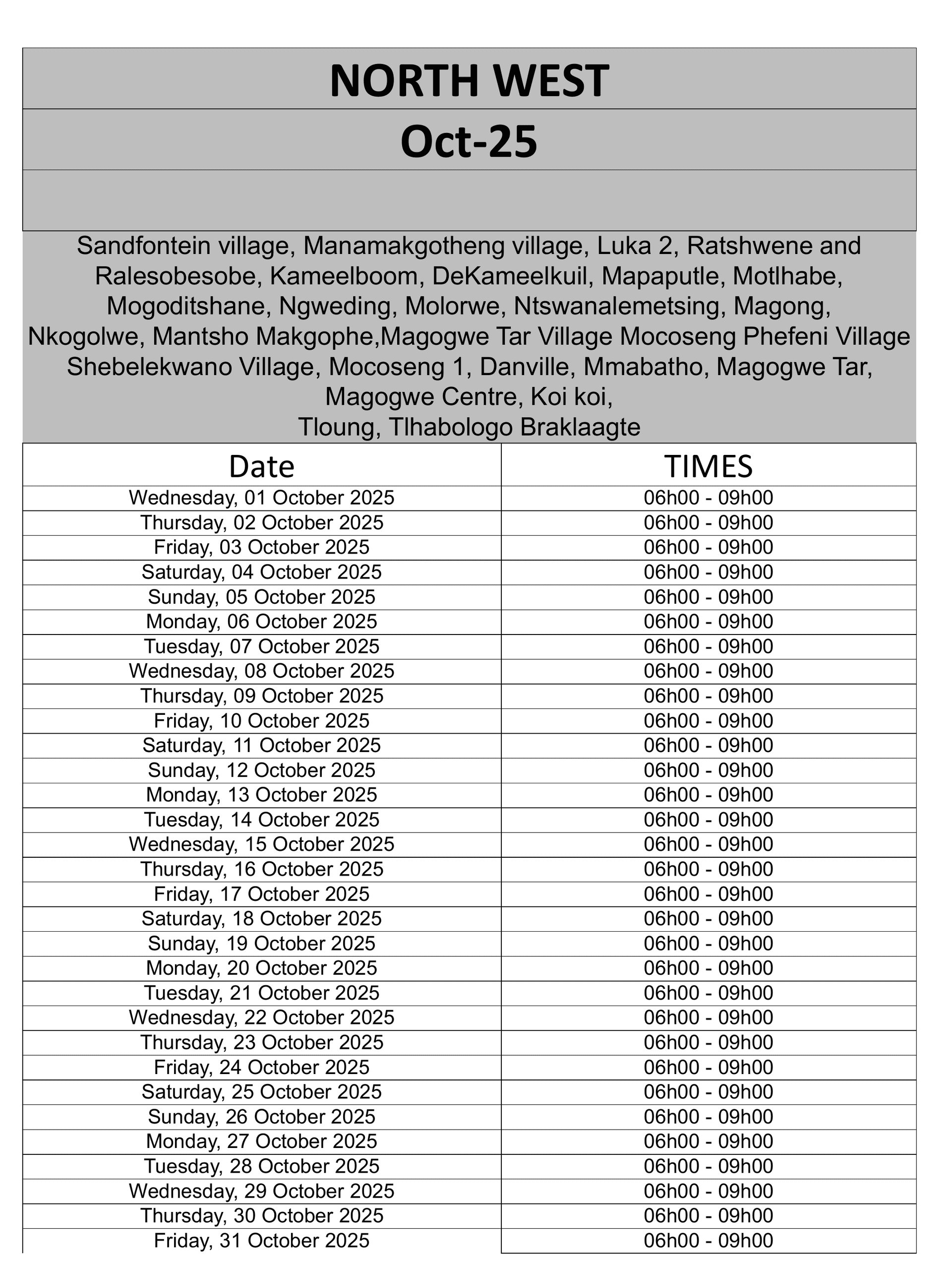 North West Load Reduction Schedule page 1