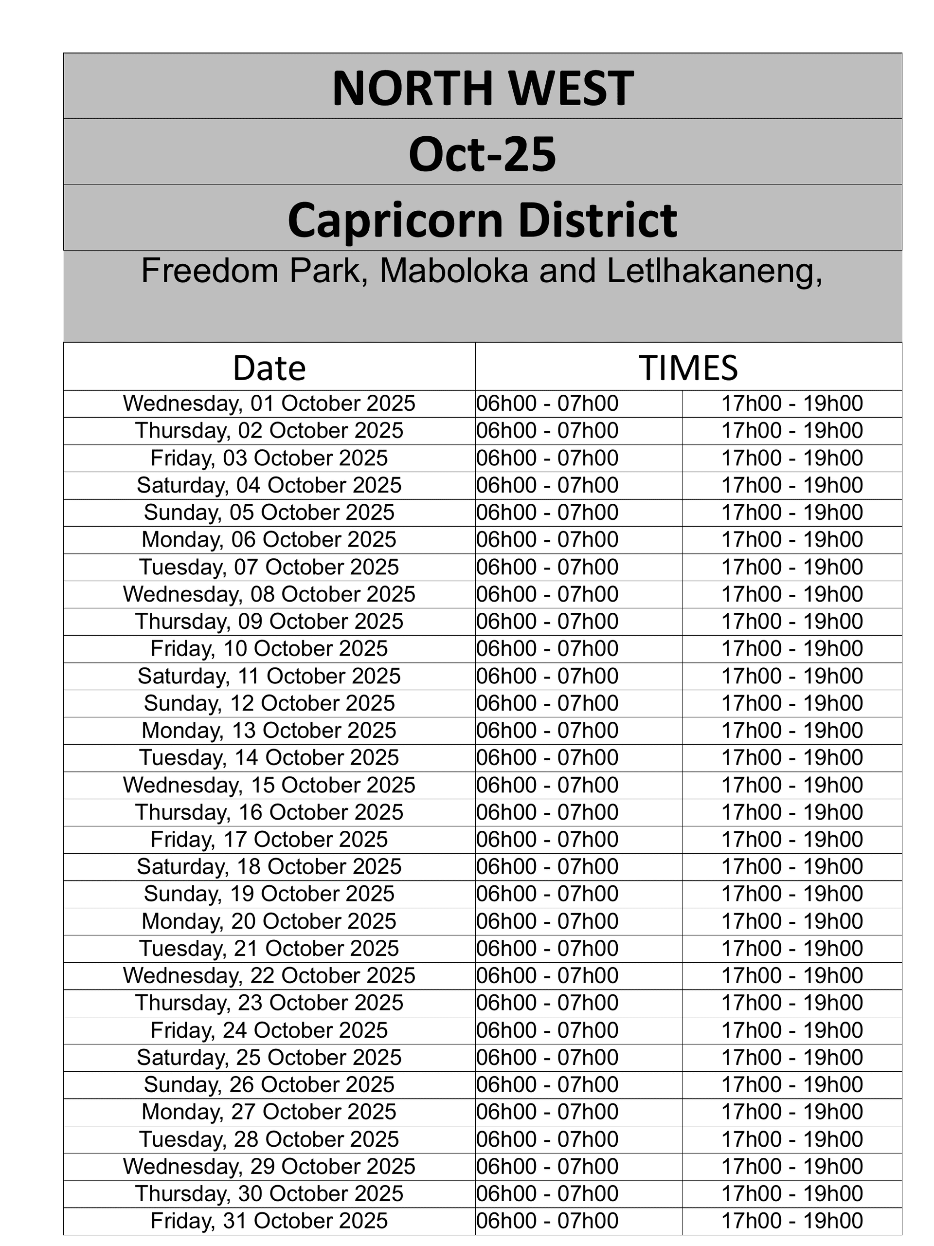 North West Load Reduction Schedule page 2
