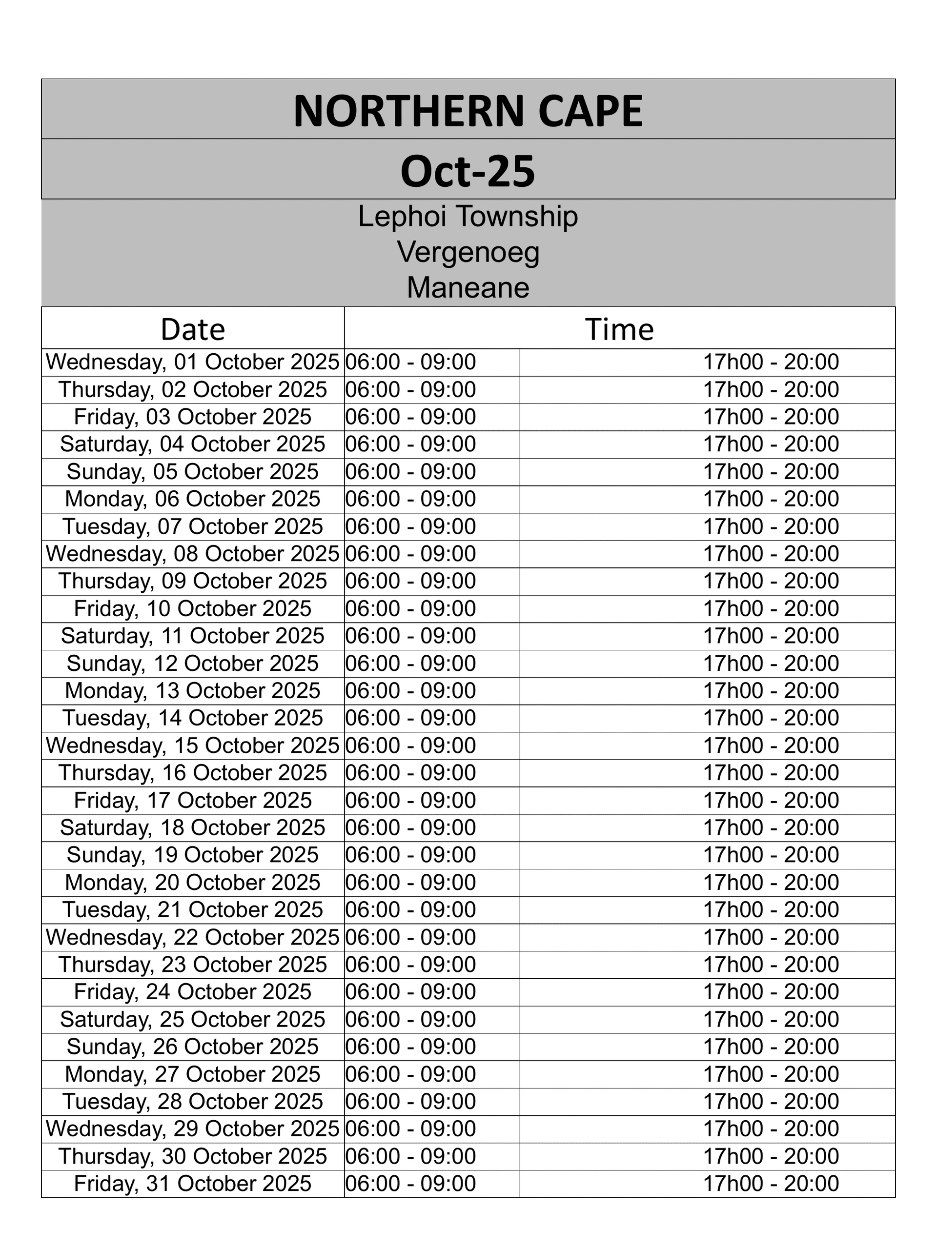 Northern Cape Load Reduction Schedule page 1