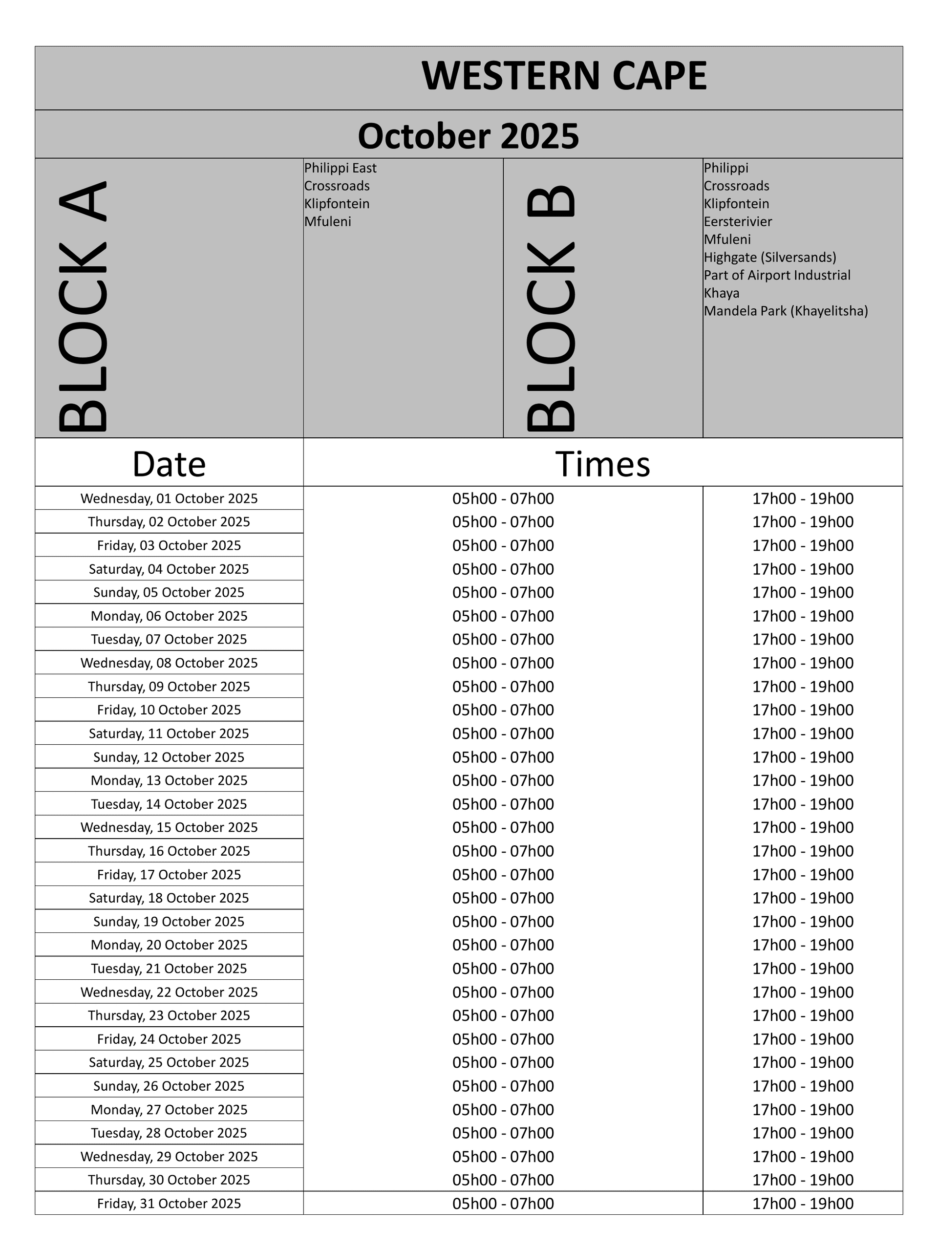 Western Cape Load Reduction Schedule page 1